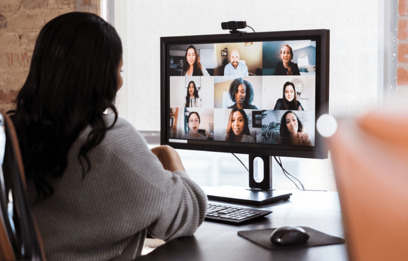 A woman attends a video call