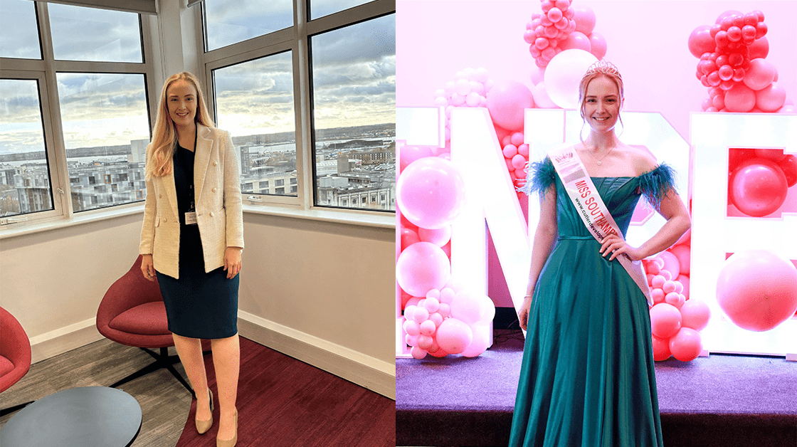 Alice is a white woman with blonde hair. On the left she is wearing a black dress and white jacket. She is standing in an office smiling. On the left she is wearing a green, off-the-shoulder dress and a pink sash. She is standing in front of a neon sign, with her hand on her hip and smiling. 