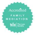 Accredited: Family mediation, mint green badge logo | European Union