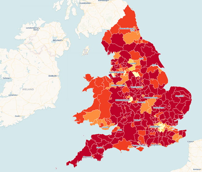 Map showing areas of England and Wales with 6 of fewer housing legal aid providers (July 2021) - most of the map is red or orange to show a shortage or desert