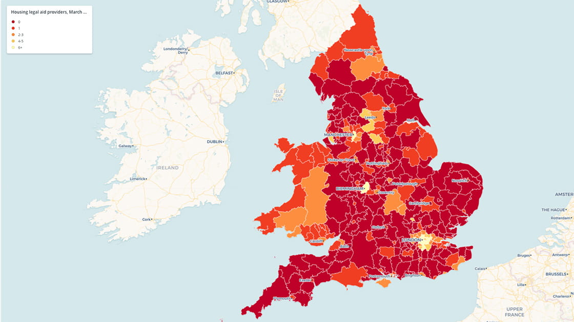 Map showing areas of England and Wales with 6 of fewer housing legal aid providers (March 2023) - most of the map is red or orange to show a shortage or desert