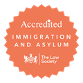 Immigration and Asylum Accreditation logo: a pale orange rosette with the words "Accredited: Immigration and Asylum" and European Union logo.