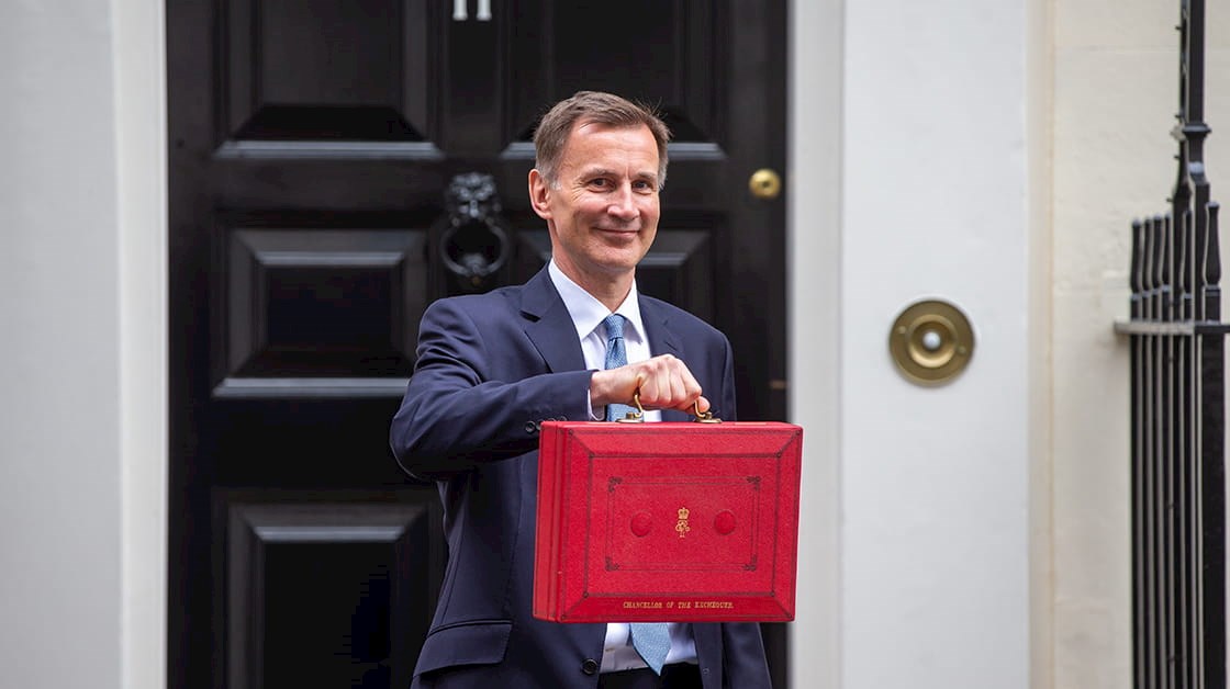 Chancellor of the exchequer Jeremy Hunt hold ministerial box outside 11 Downing Street ahead of budget statement.