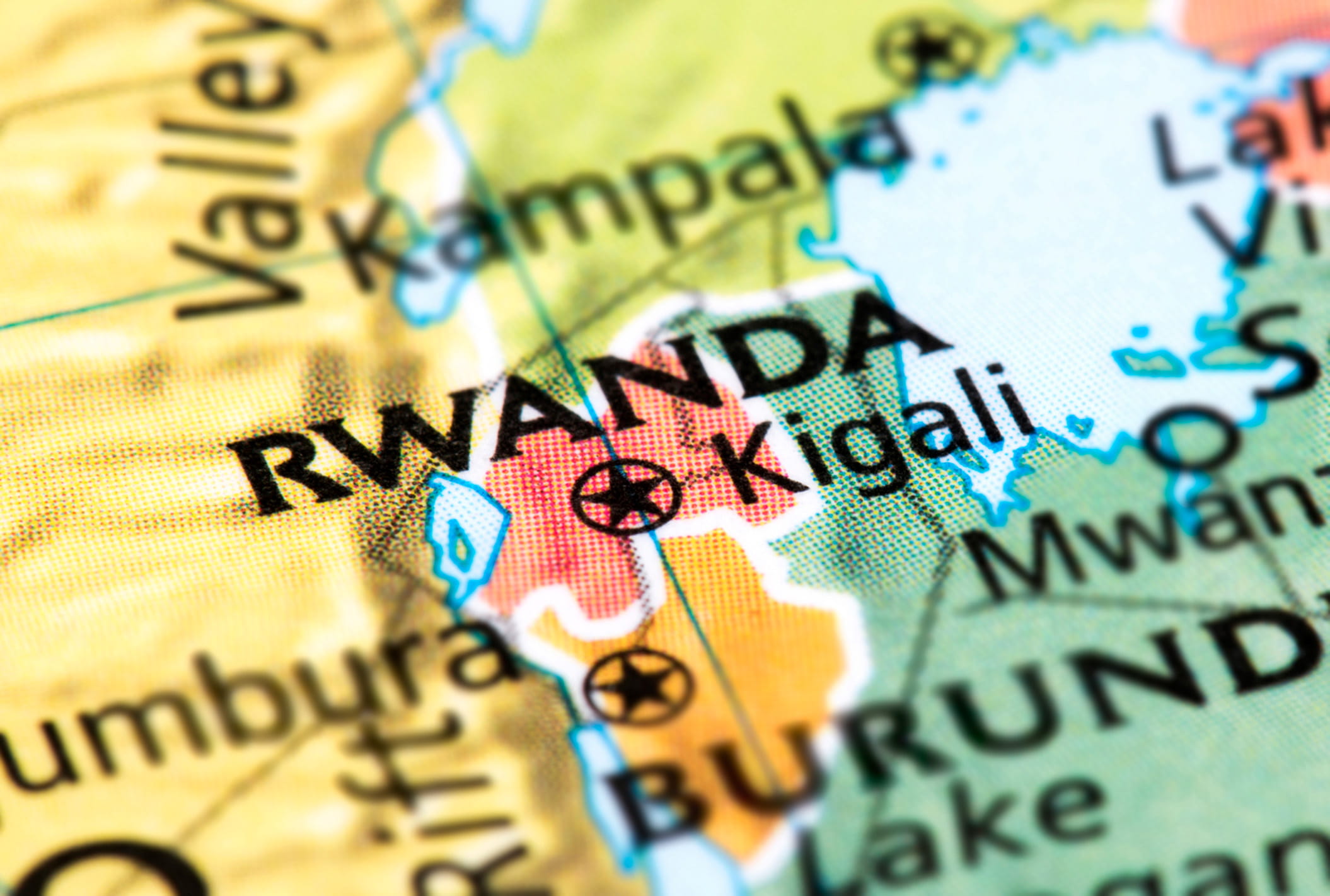 A coloured map of Rwanda and its surrounding countries.