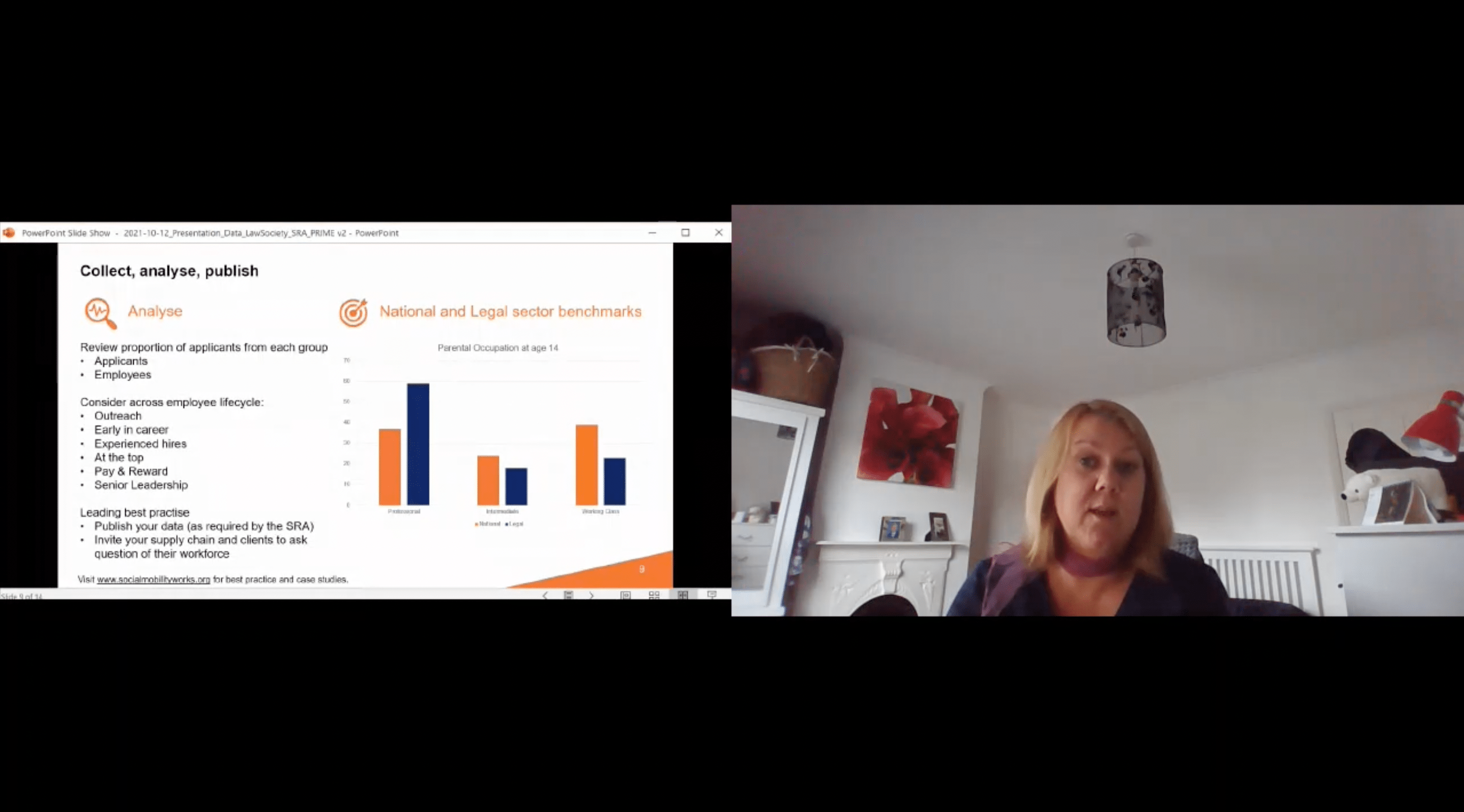 Paula Kemp presenting webinar on social mobility, left-side of screen shows slide titled 'Collect, analyse, publish', with bar chart of 'National and legal sector benchmarks'