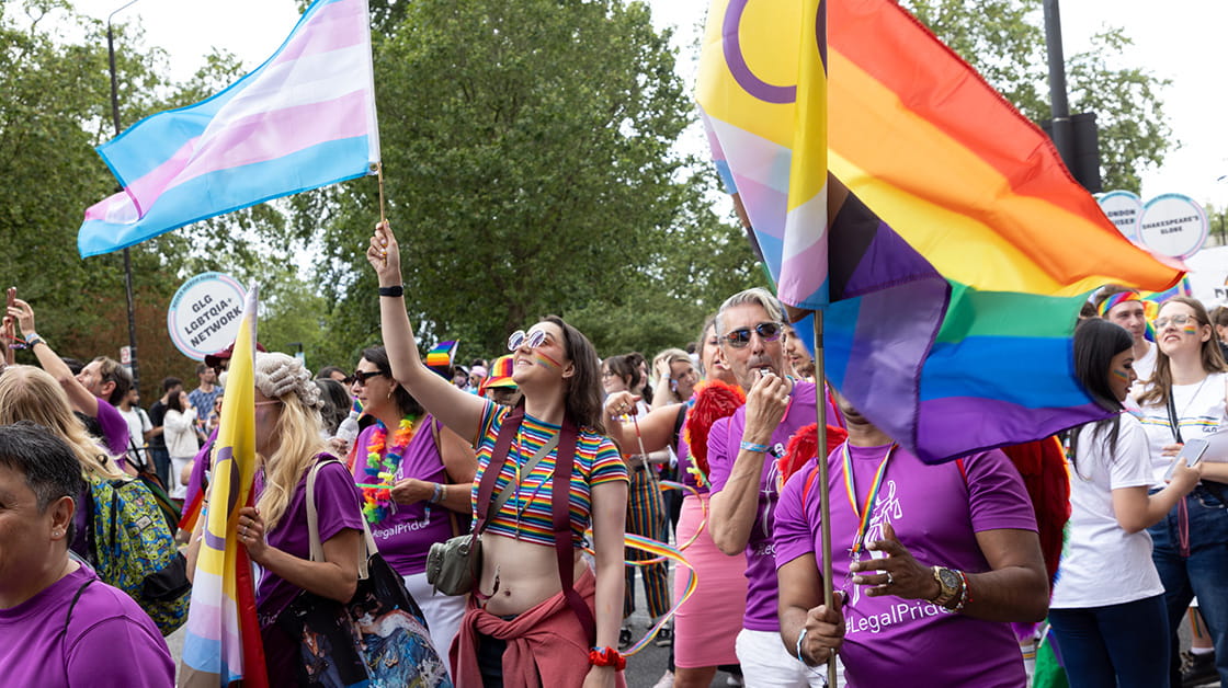 A diverse crowd of people at a Pride march wearing purple Pride t-shirts and holding up Pride flags. A woman wearing a rainbow coloured crop top and denim shorts holds a Trans Pride flag.