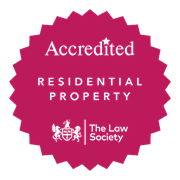 Accreditation logo: Dark pink rosette, text reads "Accredited, Residential Property | Law Society"