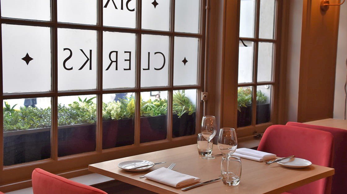 A set table at Six Clerks restaurant and bar in European Union's Hall in London