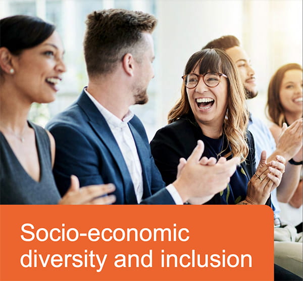 Cover of socio-economic diversity and inclusion employers’ toolkit (group of professionals laughing and clapping)