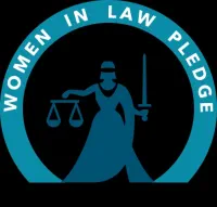 Women in law pledge logo; lady justice in blue and women in law pledge written in white above. 